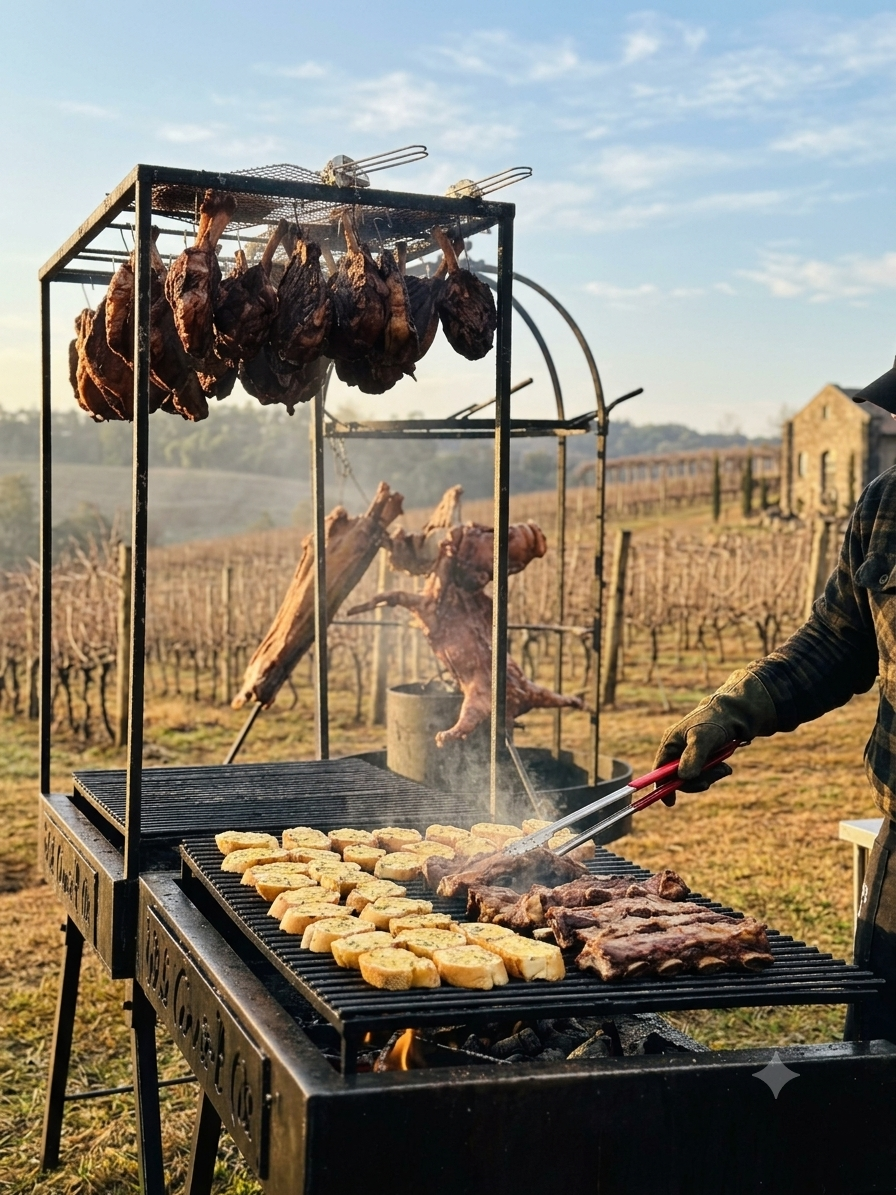 Assado campeiro preparado no fogo de chão com vinhedos ao fundo no evento Fogo e Vinho