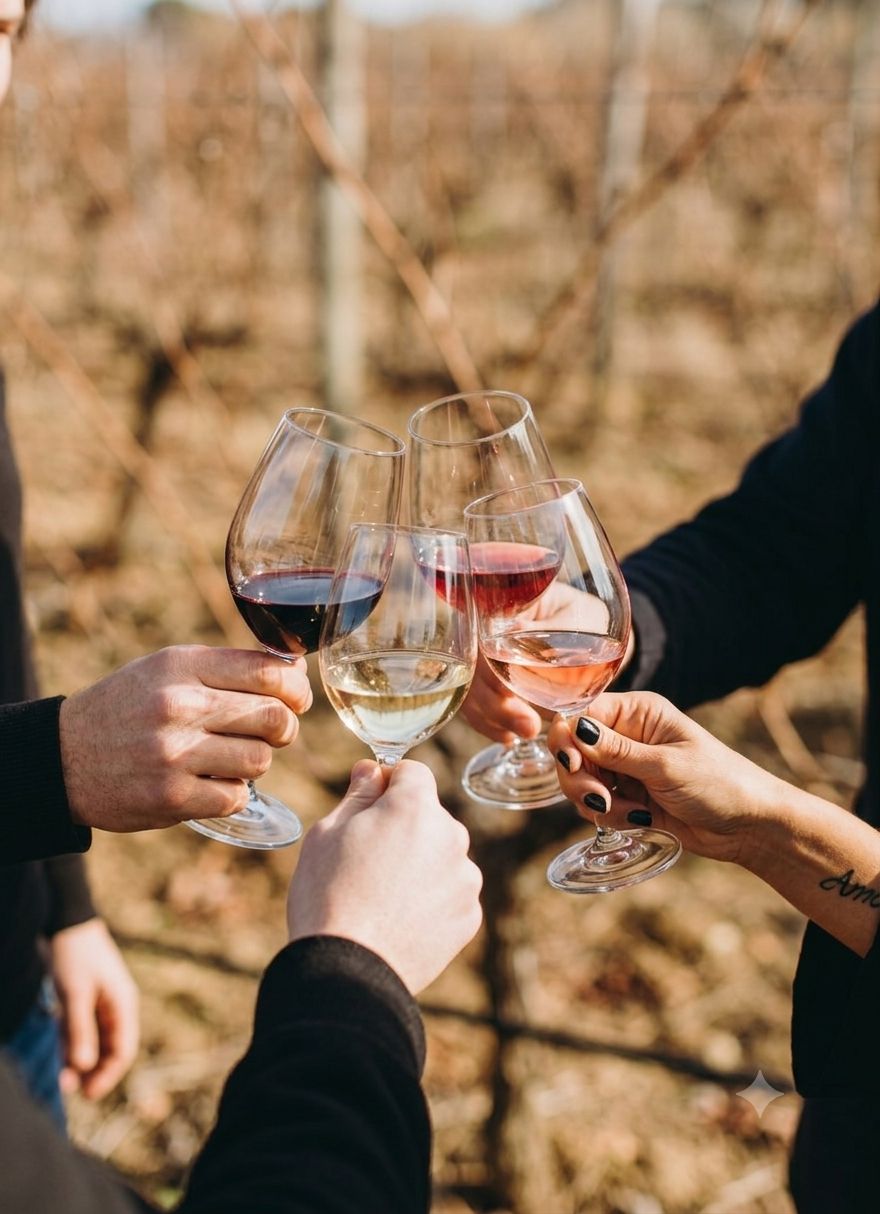Brinde com taças de vinho tinto, branco e rosé entre os vinhedos da Don Laurindo no open wine